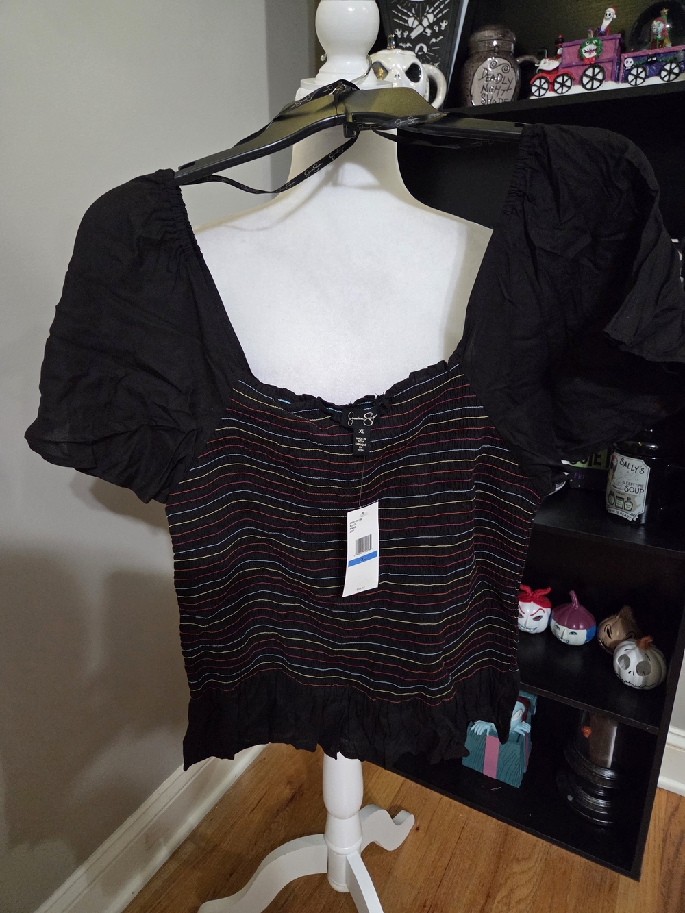 Jessica Simpson Black Puff Sleeve Crop Top with Multicolor Stripes Smocked